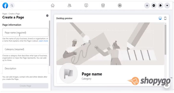 Create a facebook page for an online store with shopygo