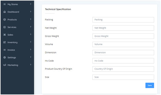 add the technical feature, dimensions and the packaging information for your product